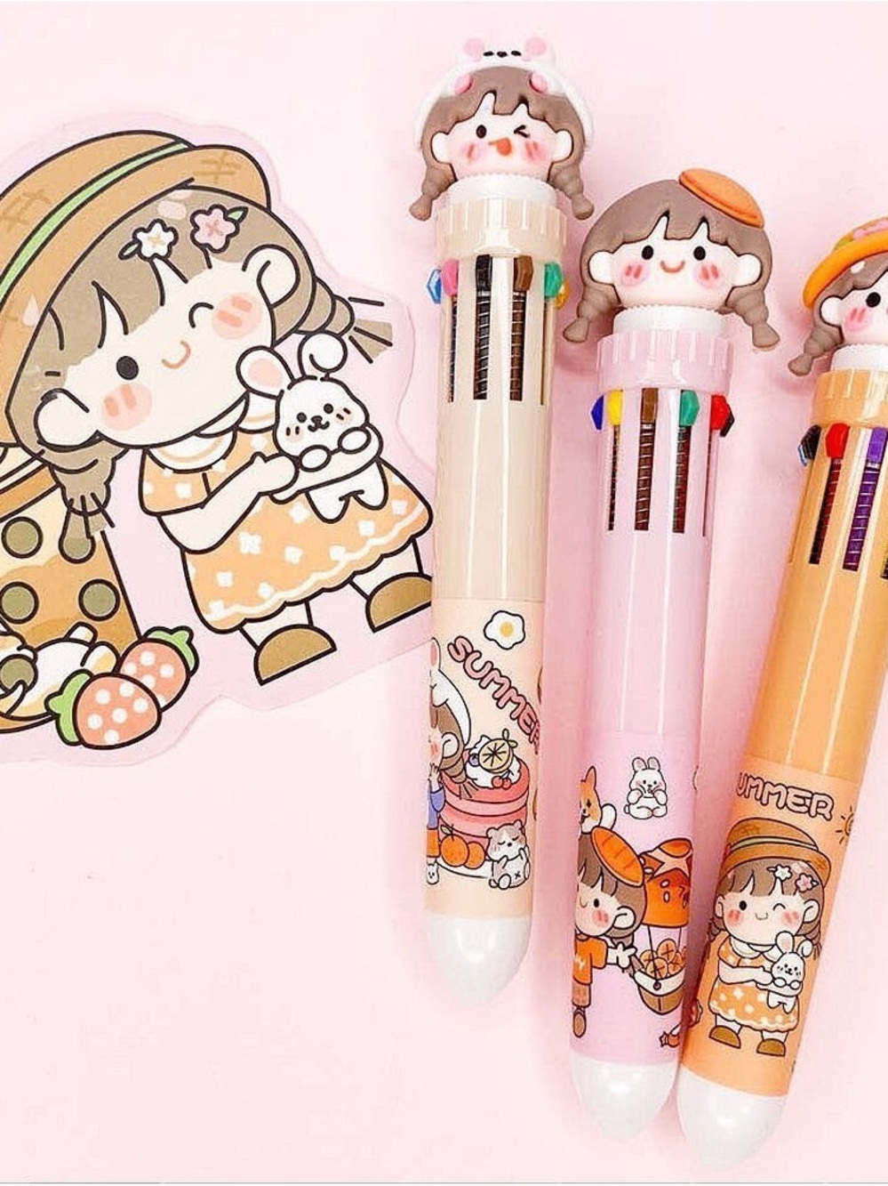 Cute Girl Multi-Color Retractable Ballpoint Pen - Pink, Cream, Orange
